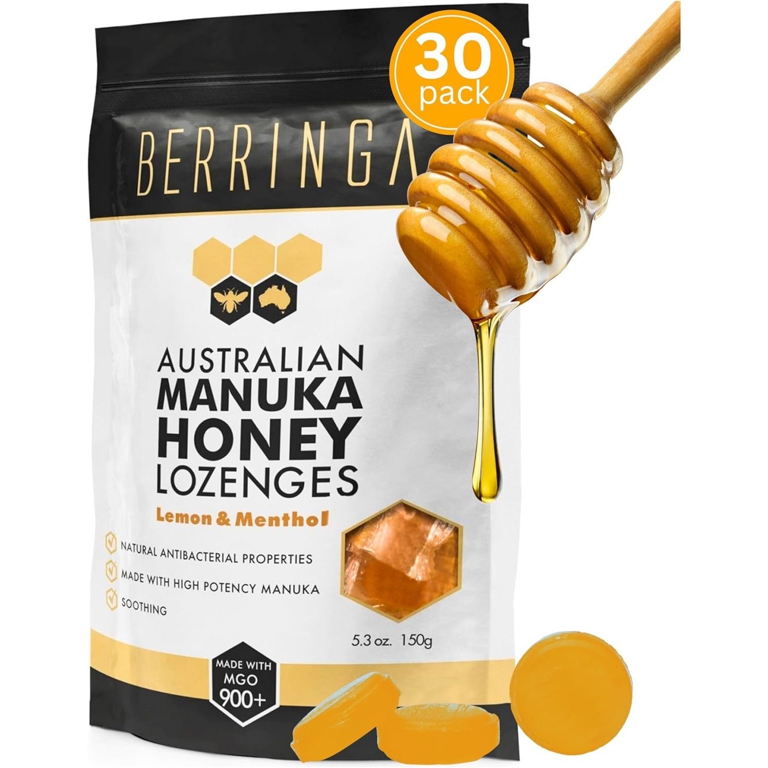 Berringa Australian Manuka Honey Lozenges Lemon & Menthol (Made With MGO 900+) X 30 Pack (150g)