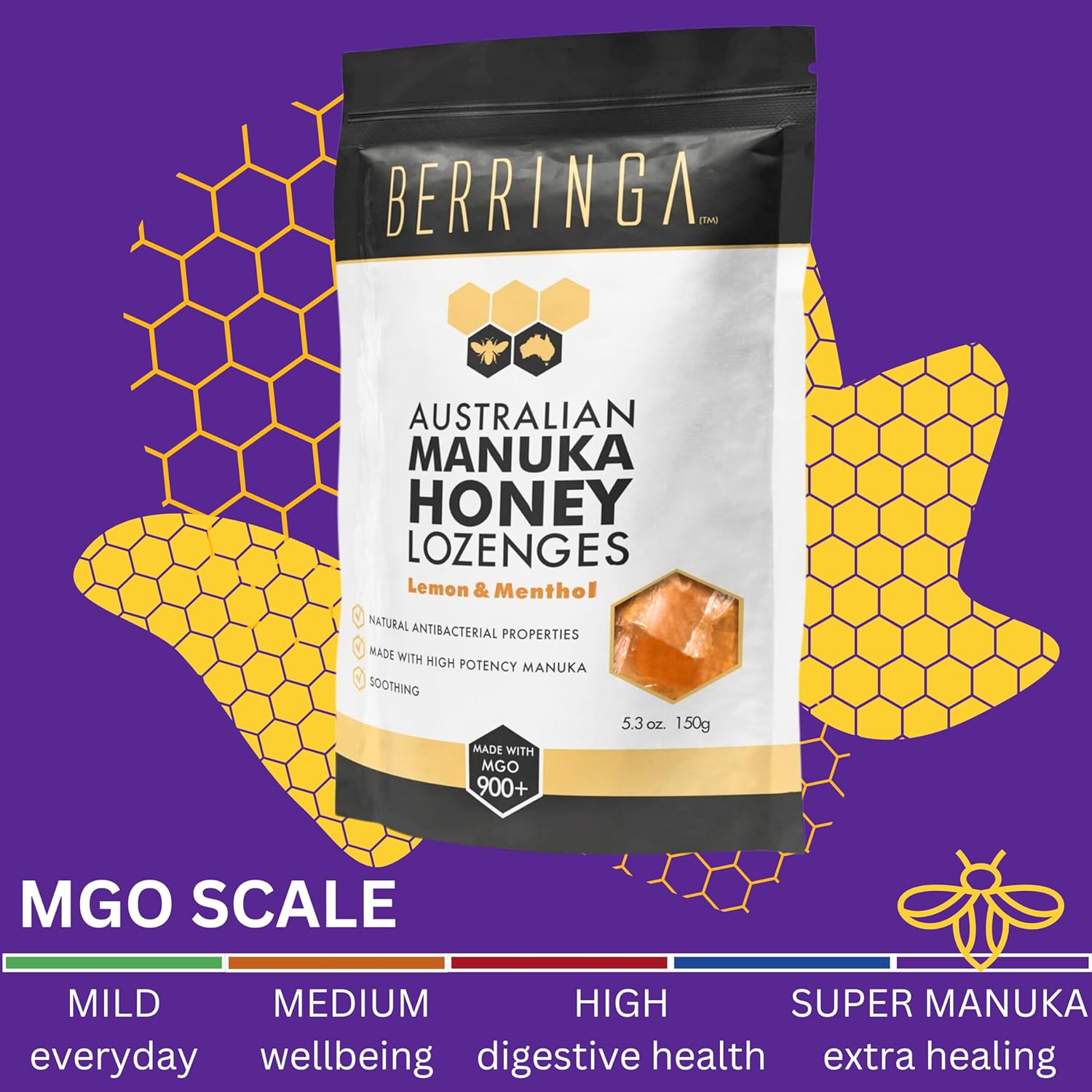 Berringa Australian Manuka Honey Lozenges Lemon & Menthol (Made With MGO 900+) X 30 Pack (150g) - Image 5